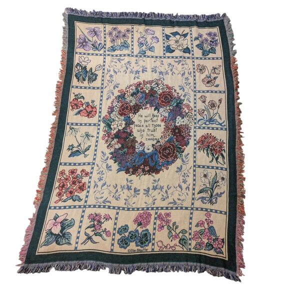 Vintage '93 Goodwin Weavers Ellen Stouffer wildflower throw Isaiah 26:3 48x66in - Picture 1 of 5